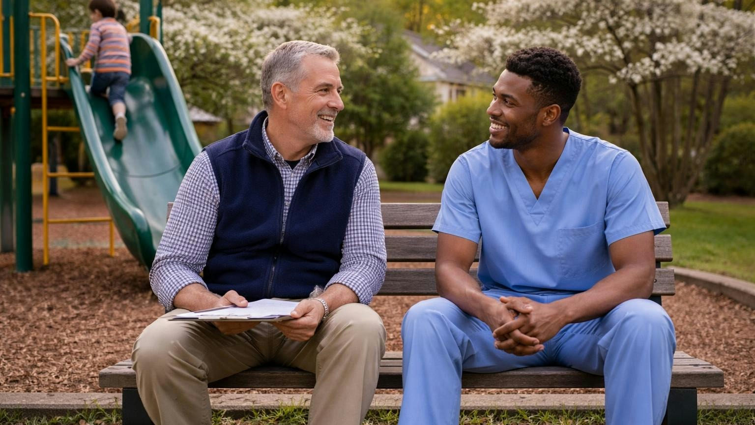 **A calendar, not an argument.** A written plan, with a first payment and an end date, offered the same way to everyone. A board treasurer in a fleece vest and a younger neighbor in hospital scrubs on a bench beside a community playground in early evening, talking easily while the neighbor's son climbs the slide, dogwoods behind, no readable text