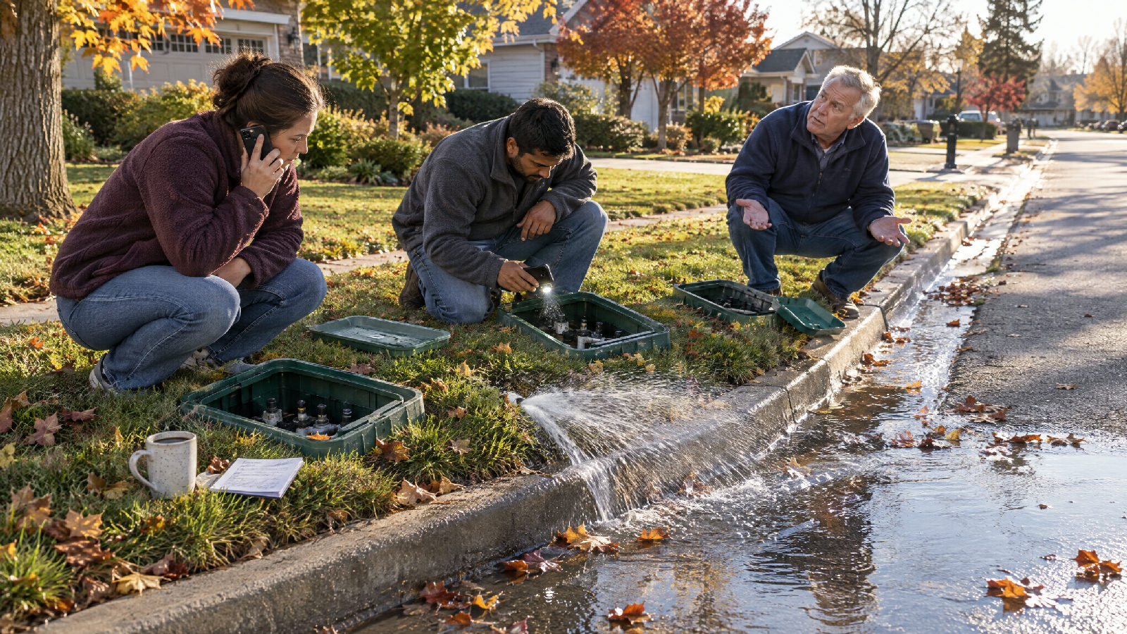 Three neighbors crouched at different open green valve boxes along a grassy curb strip on a bright Saturday morning, a broken sprinkler line spraying water onto the street.