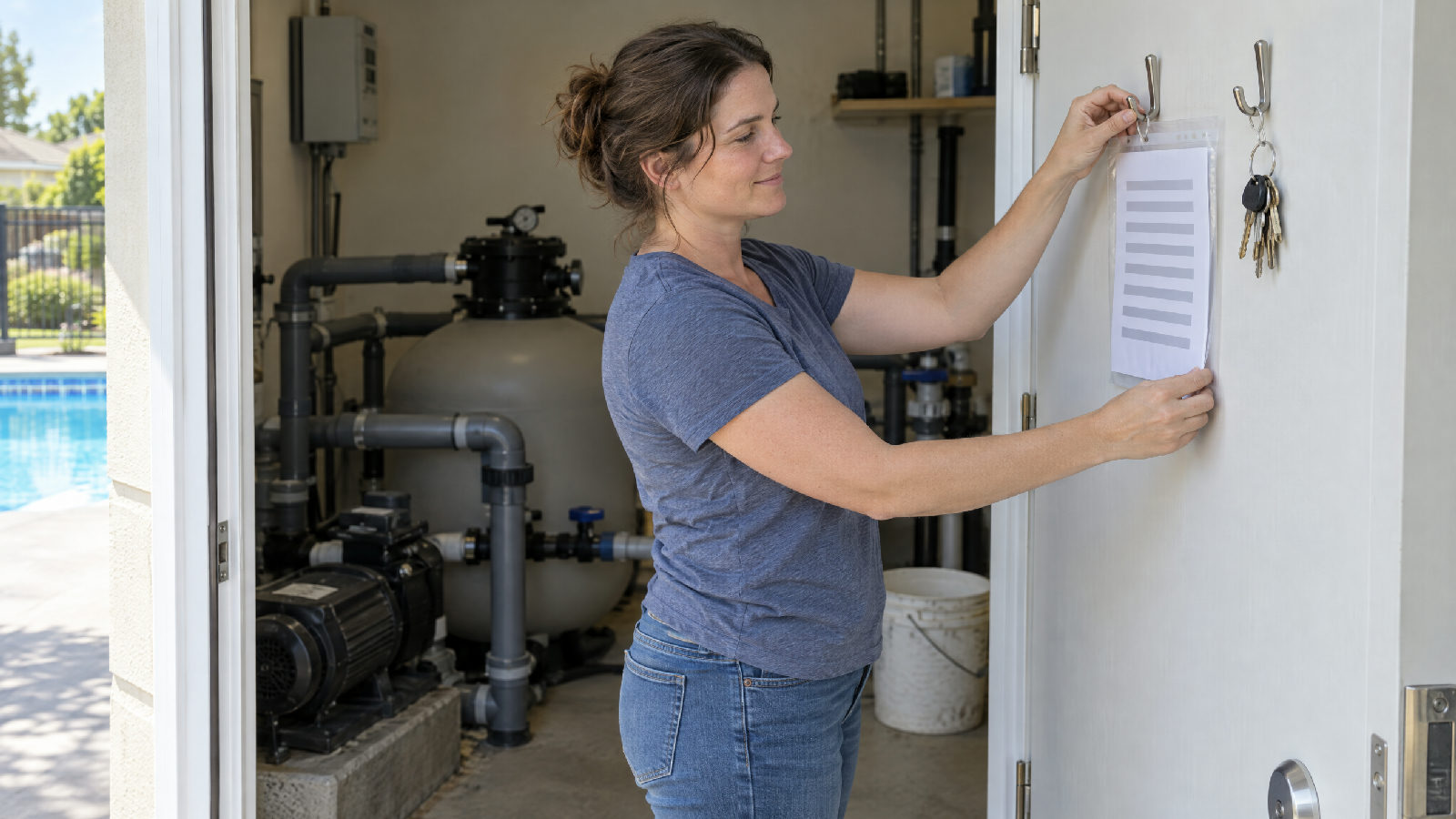 A board member hanging a clear sleeve holding a printed page on a hook inside an open equipment-room door, pool pump and pipes behind her, a ring of keys on the next hook