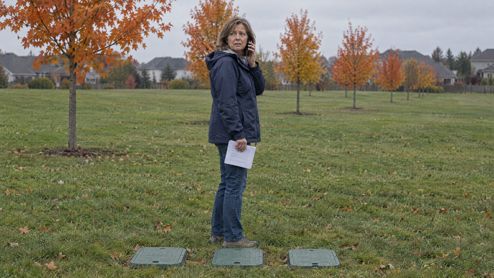 A board member standing alone on a common-area lawn beside a row of closed green valve boxes, phone to her ear, looking around uncertainly