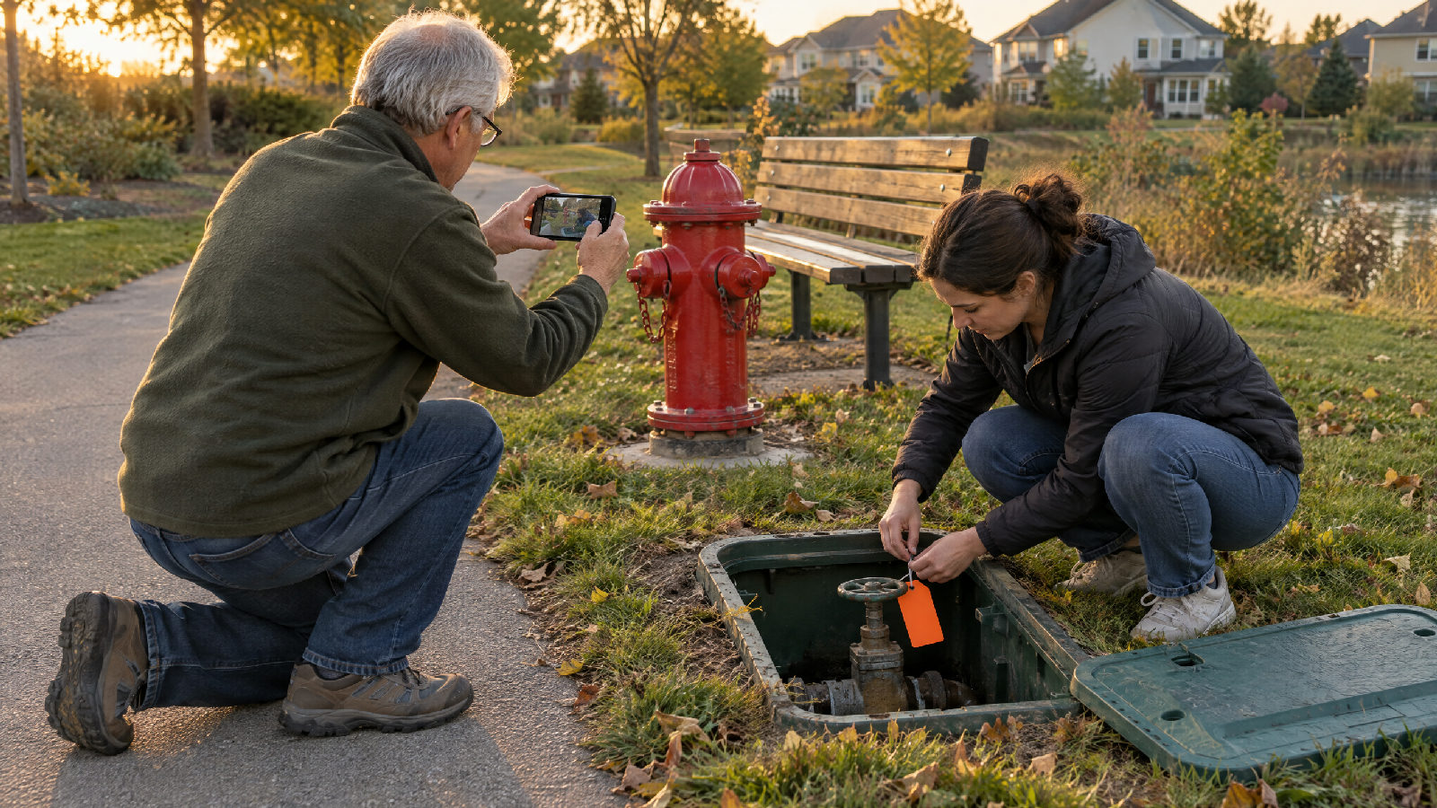 A board member kneeling at an open valve box beside a walking path, framing a wide phone photo that takes in a red fire hydrant and a park bench, as a neighbor ties a blank tag to the valve