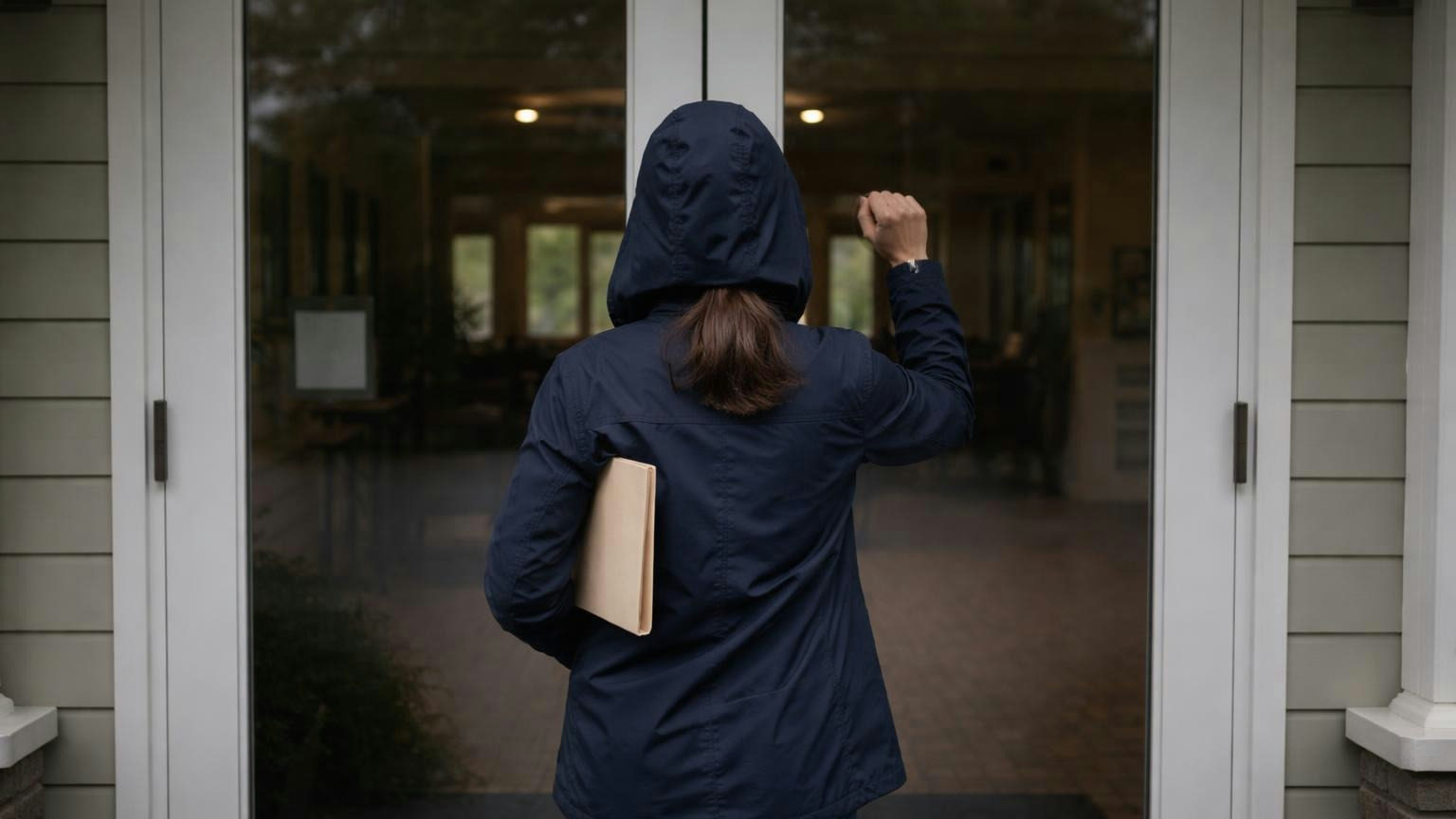 A homeowner in a rain jacket at a community clubhouse's locked glass door on a grey weekday afternoon, one hand raised to knock, a plain folder under her arm, the lobby dark behind