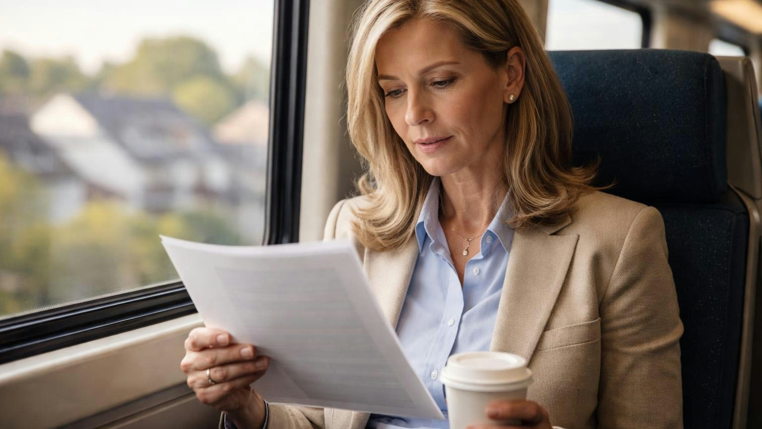 A board secretary on a commuter train on a weekday morning reading a single printed page turned toward herself, a coffee cup in her other hand, suburban rooftops passing through the window