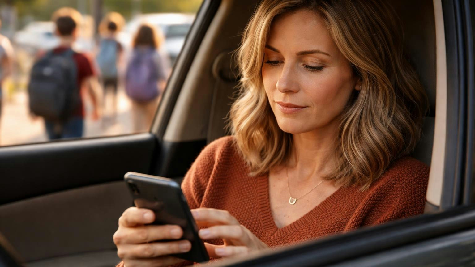 A volunteer treasurer in her car in a school pickup line on a weekday afternoon, looking down at her phone, children with backpacks walking past behind her