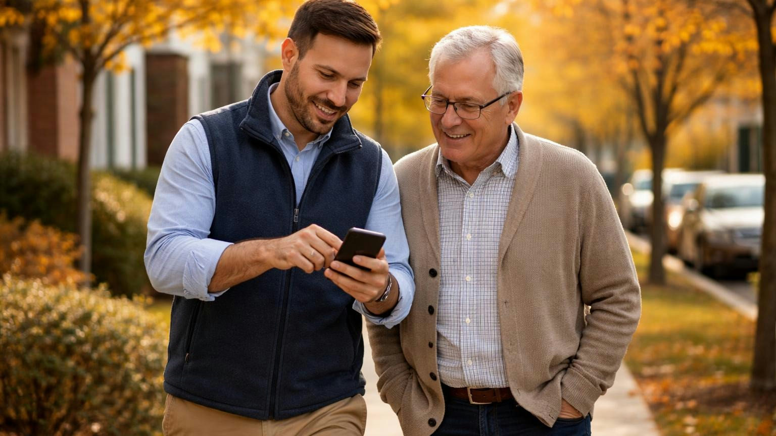A property manager and a volunteer board member walking down a townhome sidewalk on an autumn afternoon, both looking at one phone held between them, its screen turned away