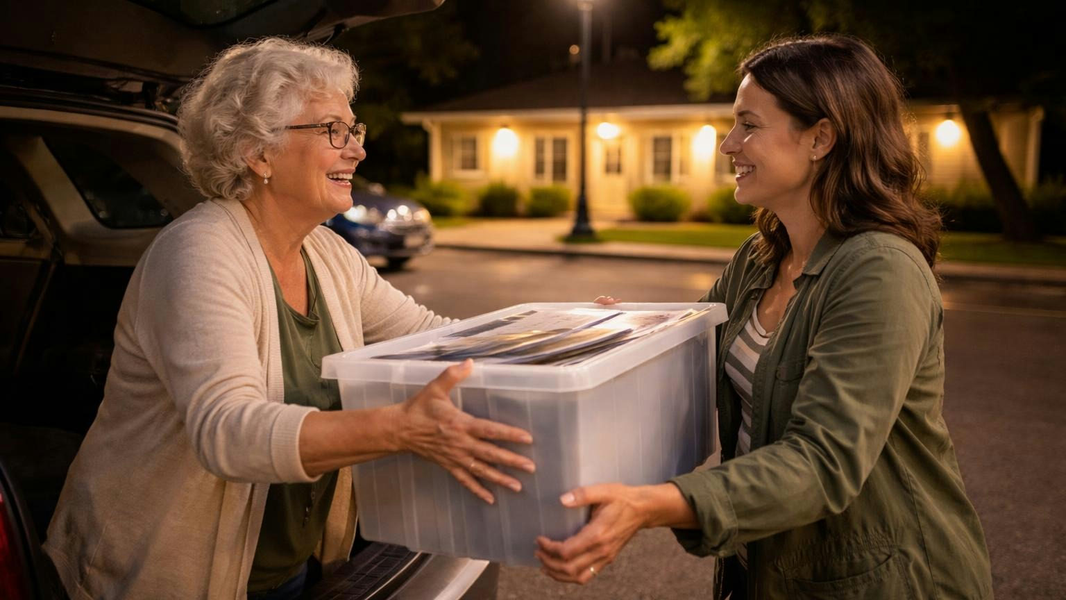An outgoing board member lifting a plain unlabelled plastic file box from her car trunk into the arms of a newly elected board member in a clubhouse parking lot at night, under a lamppost