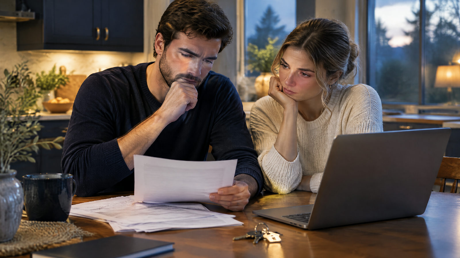 A young couple reviewing mortgage papers at their kitchen table