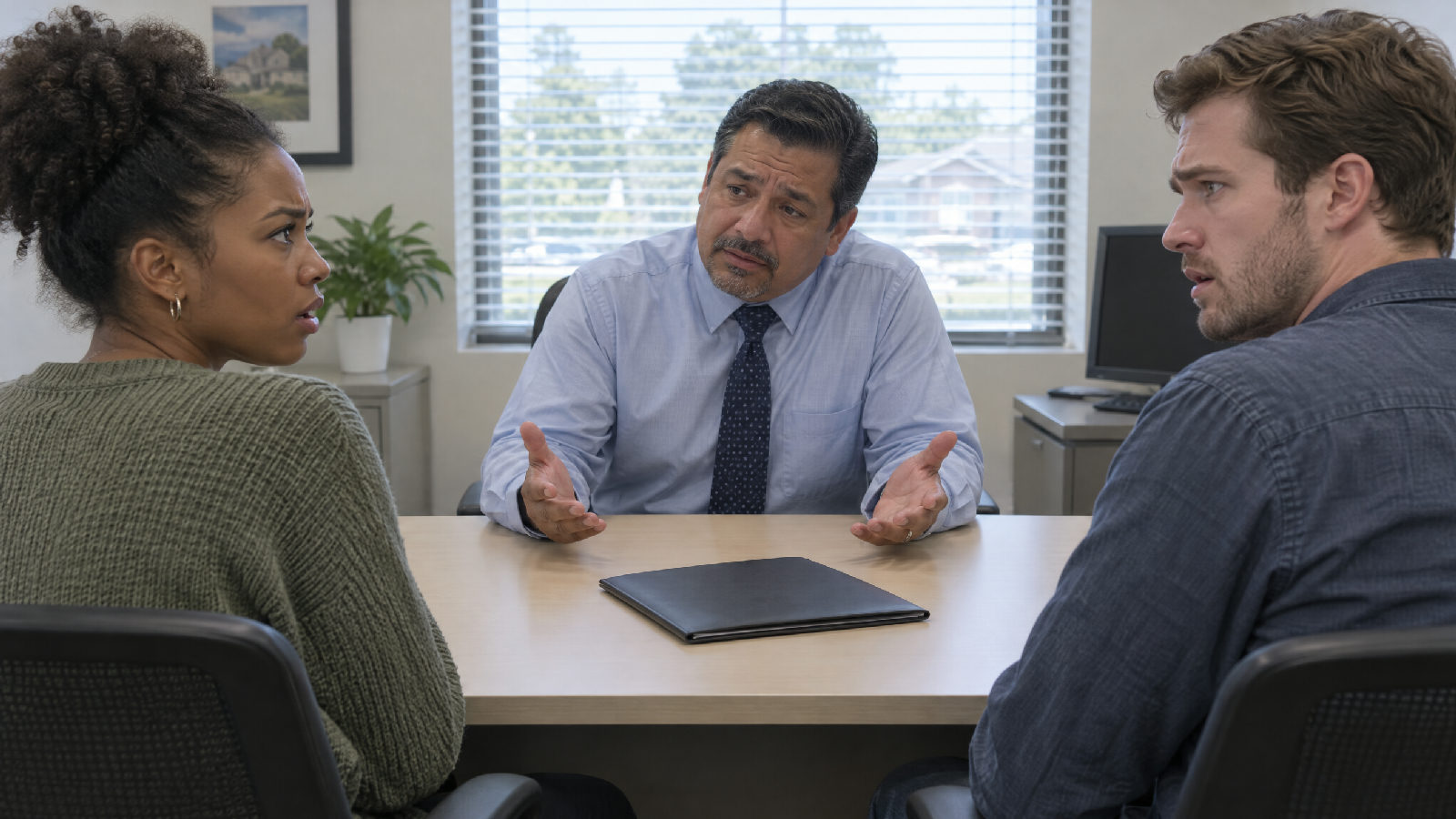 **Every unit, not just the late ones.** A buyer trying to close hits the same wall, caused by neighbors they have never met. A young couple across a desk from a loan officer who is explaining something apologetically, the couple looking at each other in disbelief