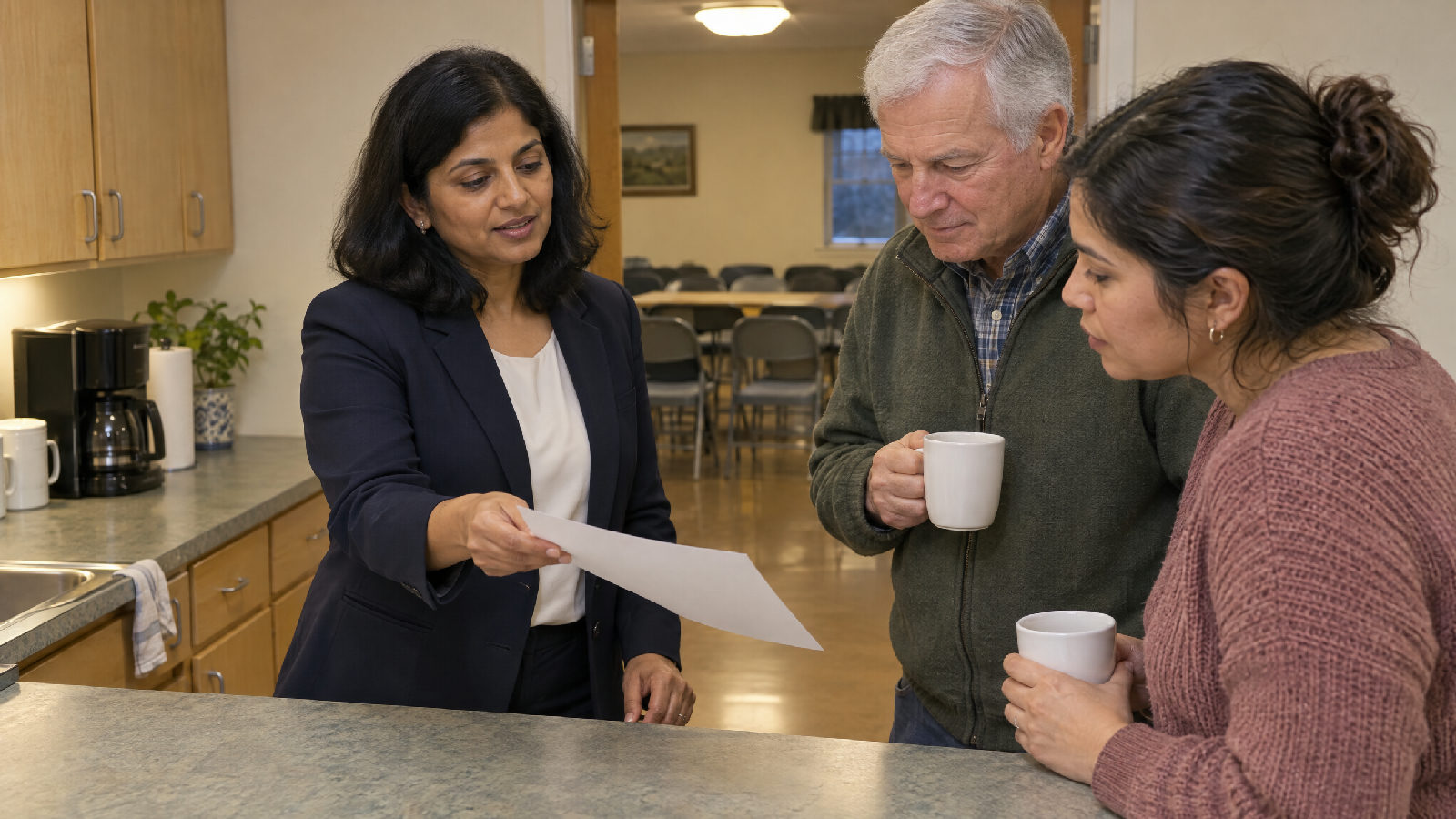 **The percentage beside the number.** A board sees its delinquency percentage the same way it already sees its bank balance, before a lender's underwriter finds it. A treasurer at a clubhouse kitchen counter handing a single sheet to two board members holding coffee before a meeting