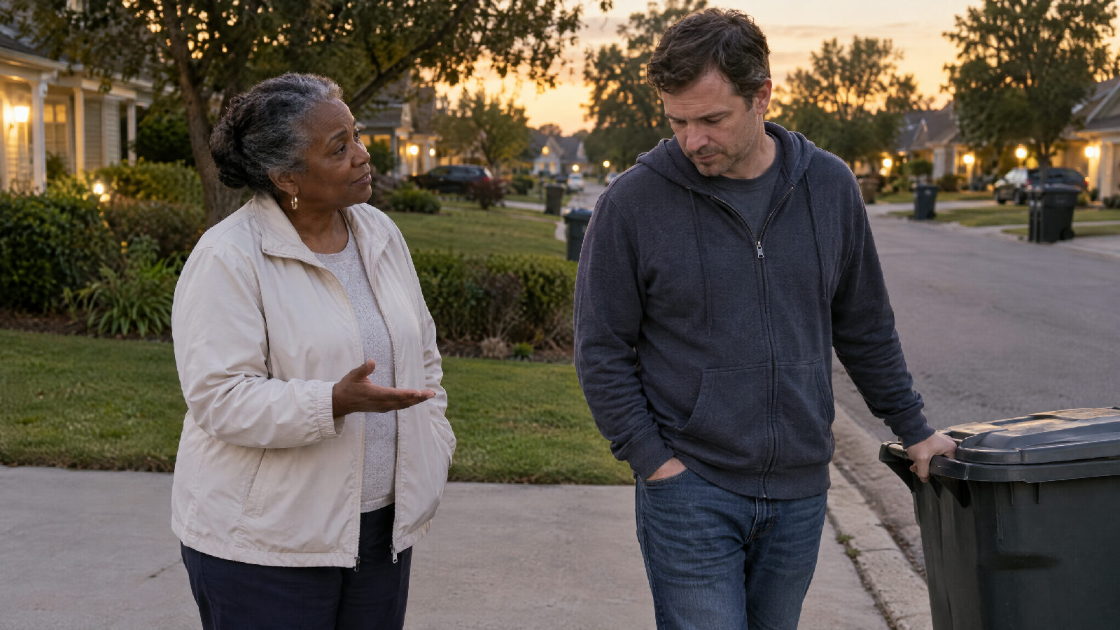 **Past the friendly reminder.** Liens are the paper trail of more units sliding past the point where a reminder still works. A board member talking gently with a neighbour at the end of his driveway at dusk while he rolls his trash bin to the curb, looking away