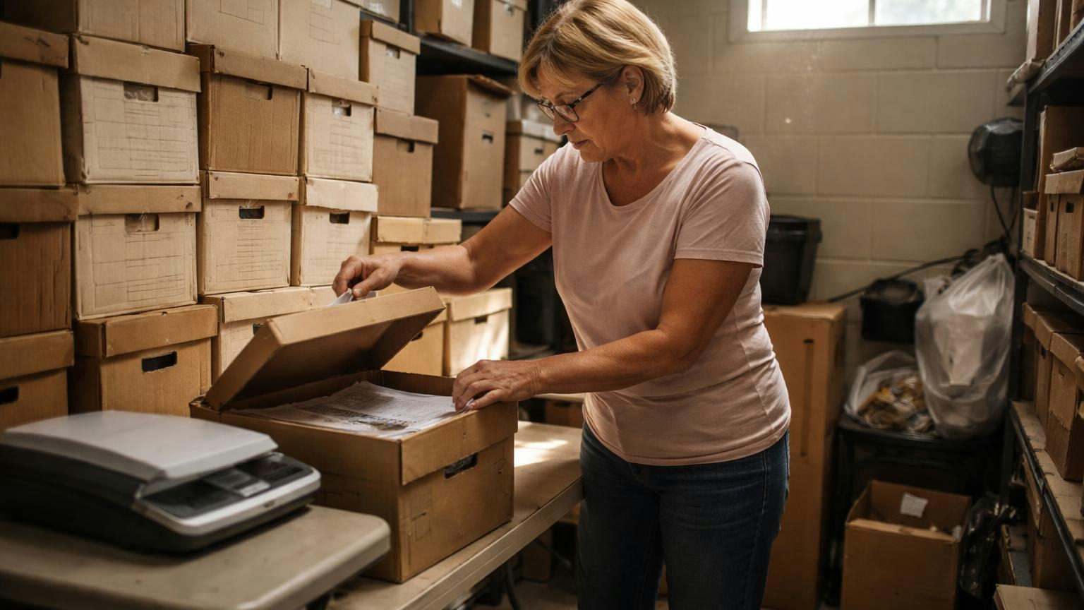 A board secretary in a cramped clubhouse storage room lifting the lid of an old archive box among dozens stacked to the ceiling, a small scanner waiting on a table beside her