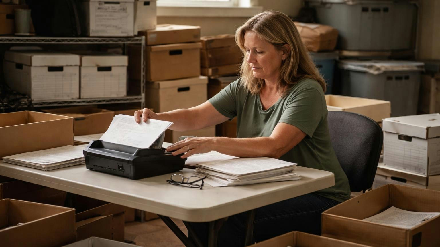 A board secretary at a folding table in a clubhouse storage room feeding pages into a small desktop scanner, open archive boxes around her chair, late light from a high window; no readable text