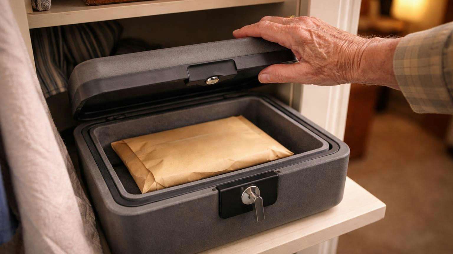 A sealed plain manila envelope taped shut and set inside a small grey fireproof lockbox on a closet shelf, a board member's hand closing the lid, warm hallway light; the envelope has no writing on it