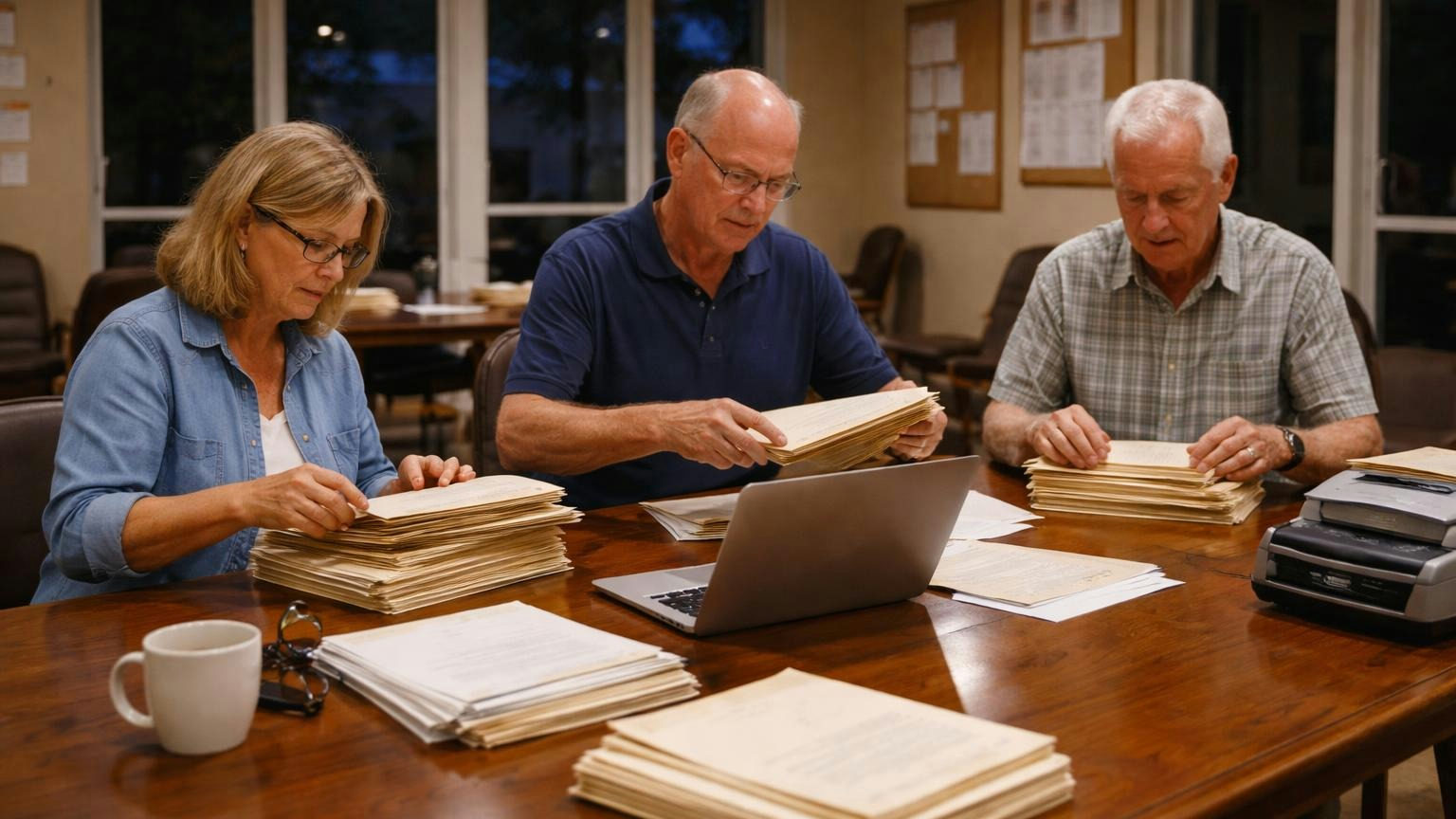 Three board members at a clubhouse table on a weekday evening sorting blank manila folders into two piles, an open laptop between them and a desktop scanner at the end of the table