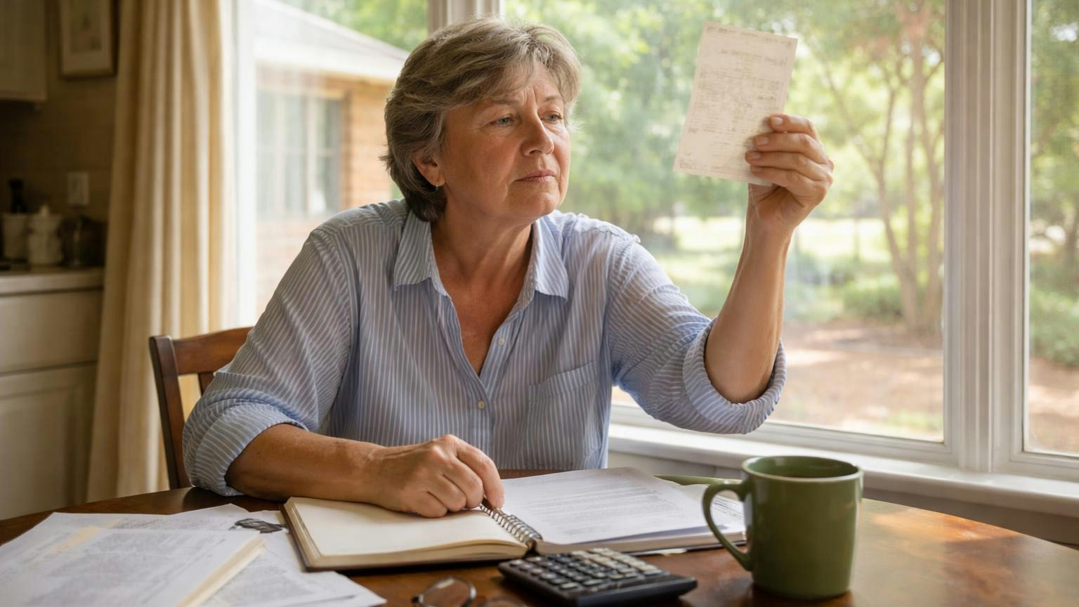 A board treasurer at her kitchen table on a bright morning holding a faded carbon-copy receipt up to the window light and squinting at it, coffee beside her; no readable text