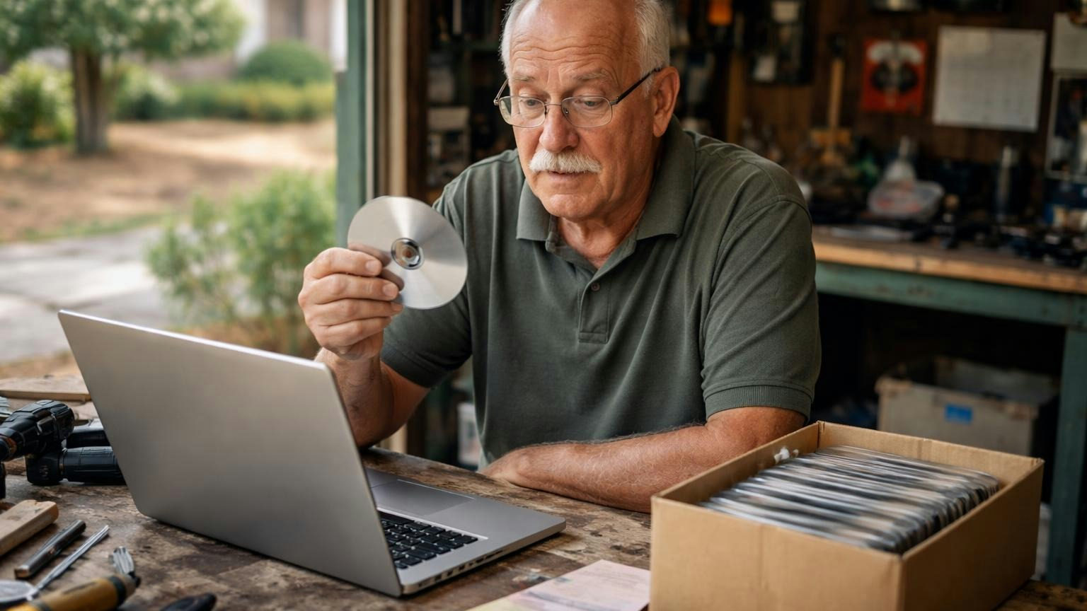 A retired board member at a garage workbench holding an old silver data disc beside a thin laptop with no disc slot, eyebrows raised, a box of more discs at his elbow