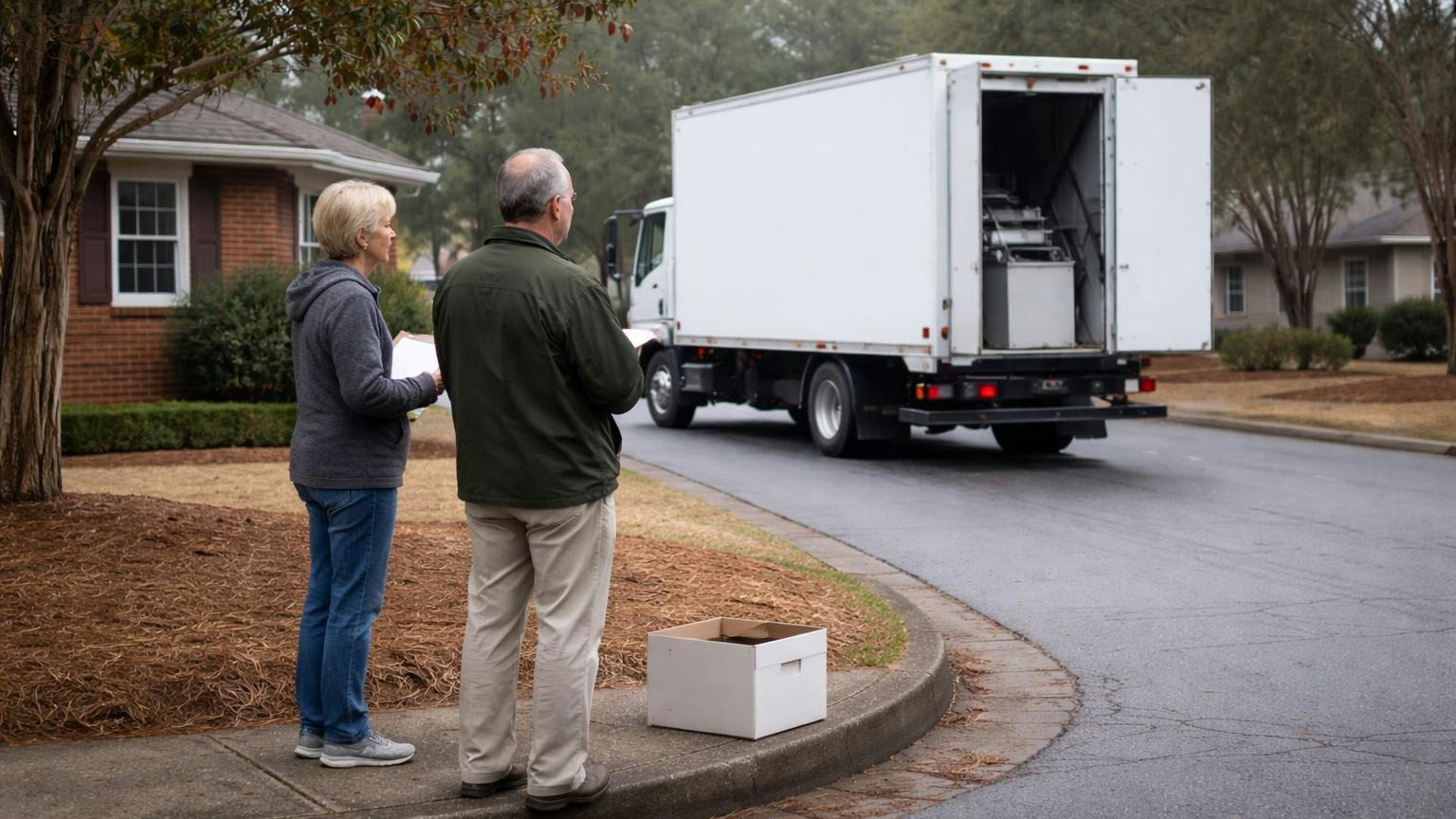 Two board members on the curb outside a clubhouse on a grey morning watching a plain white shredding truck with no lettering, one holding a clipboard, an empty archive box at their feet