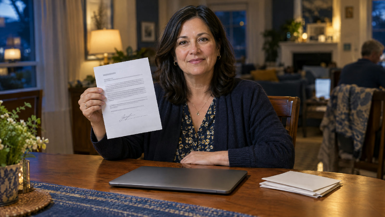 A board secretary at her dining table in the evening holding a single signed paper consent form up beside a closed laptop, a small stack of plain envelopes at her elbow