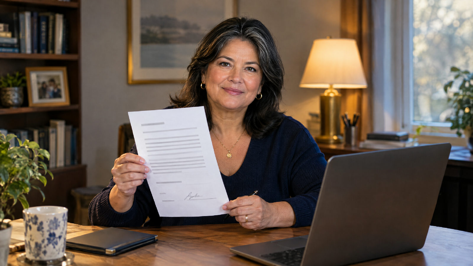 A board member at a home office desk in lamplight holding a signed paper form beside a laptop whose screen is turned away from the camera