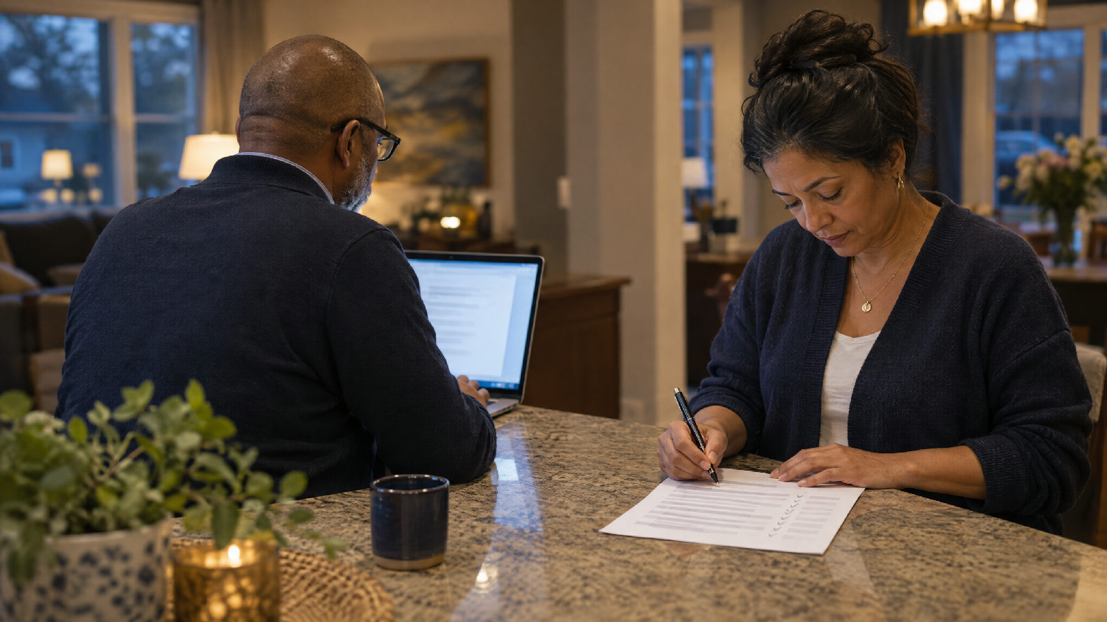 Two board members side by side at a kitchen counter in the evening, one reading from a laptop turned away from the camera while the other ticks rows on a printed sheet seen at a steep angle