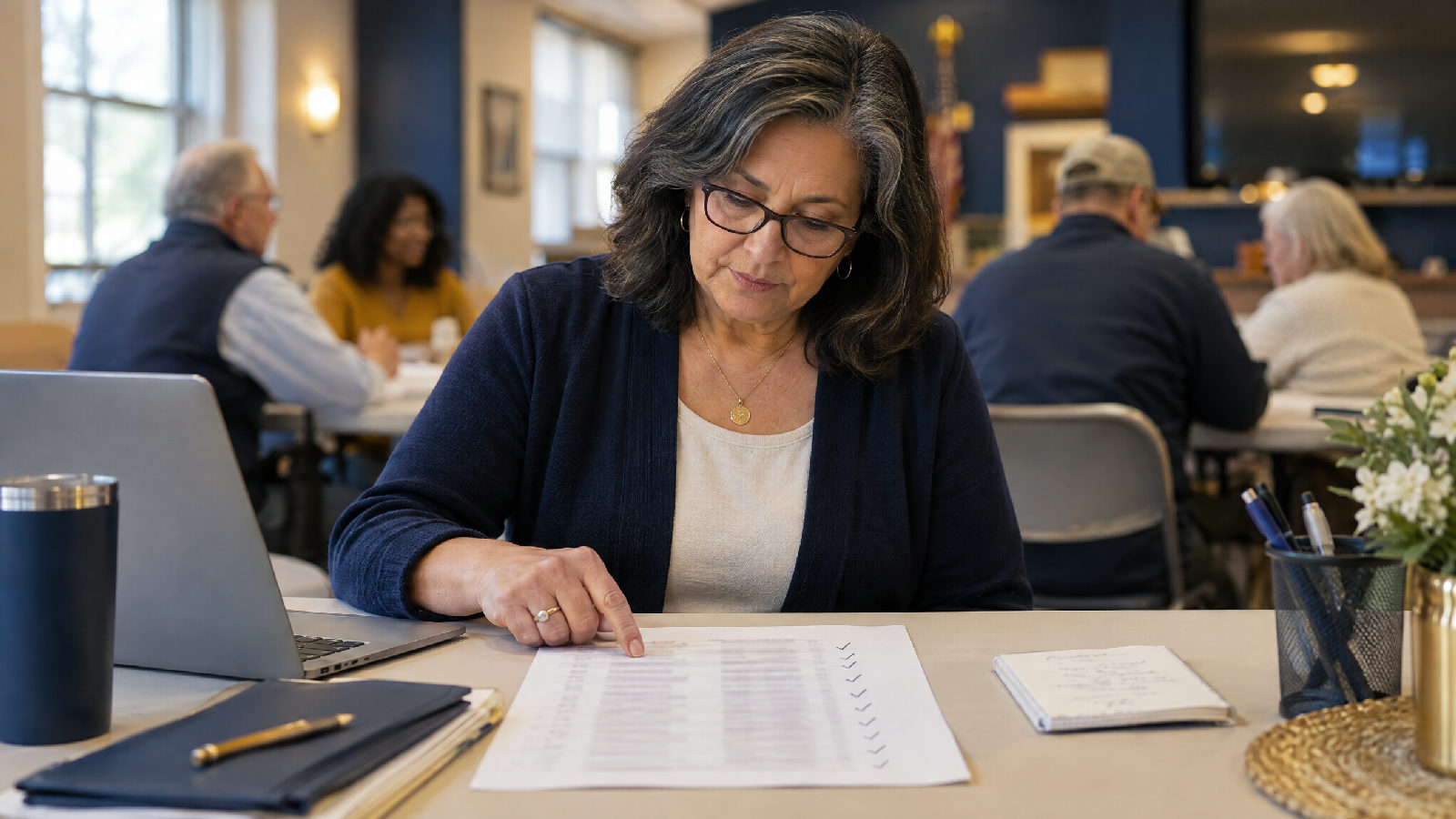 A board secretary at a folding table in a community clubhouse, running a finger down a printed list of blurred, unreadable rows with a column of small handwritten ticks beside them