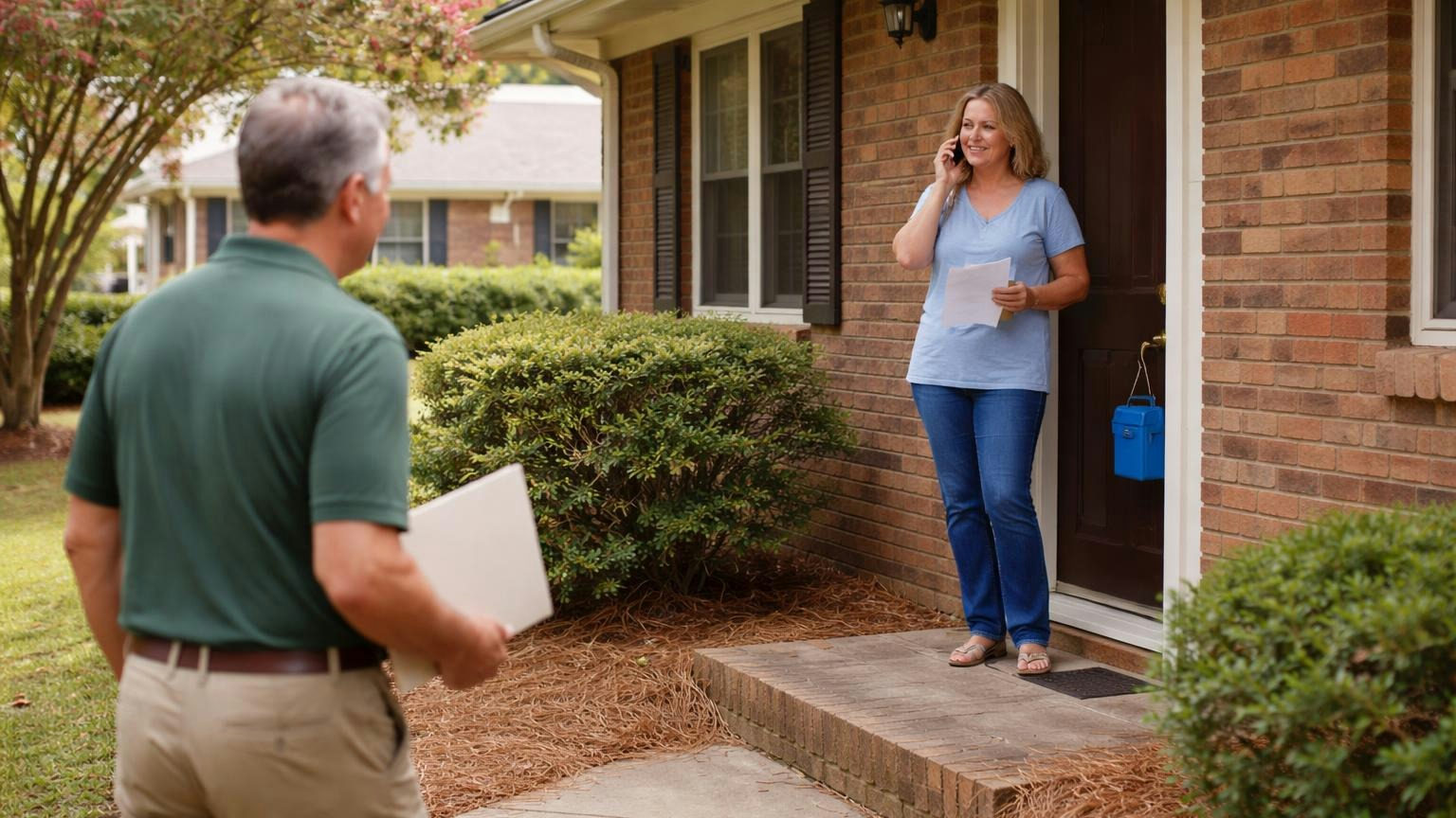 A home seller on her front porch with a phone to her ear and a realtor's lockbox on the door handle as a board member walks up the path holding a folder