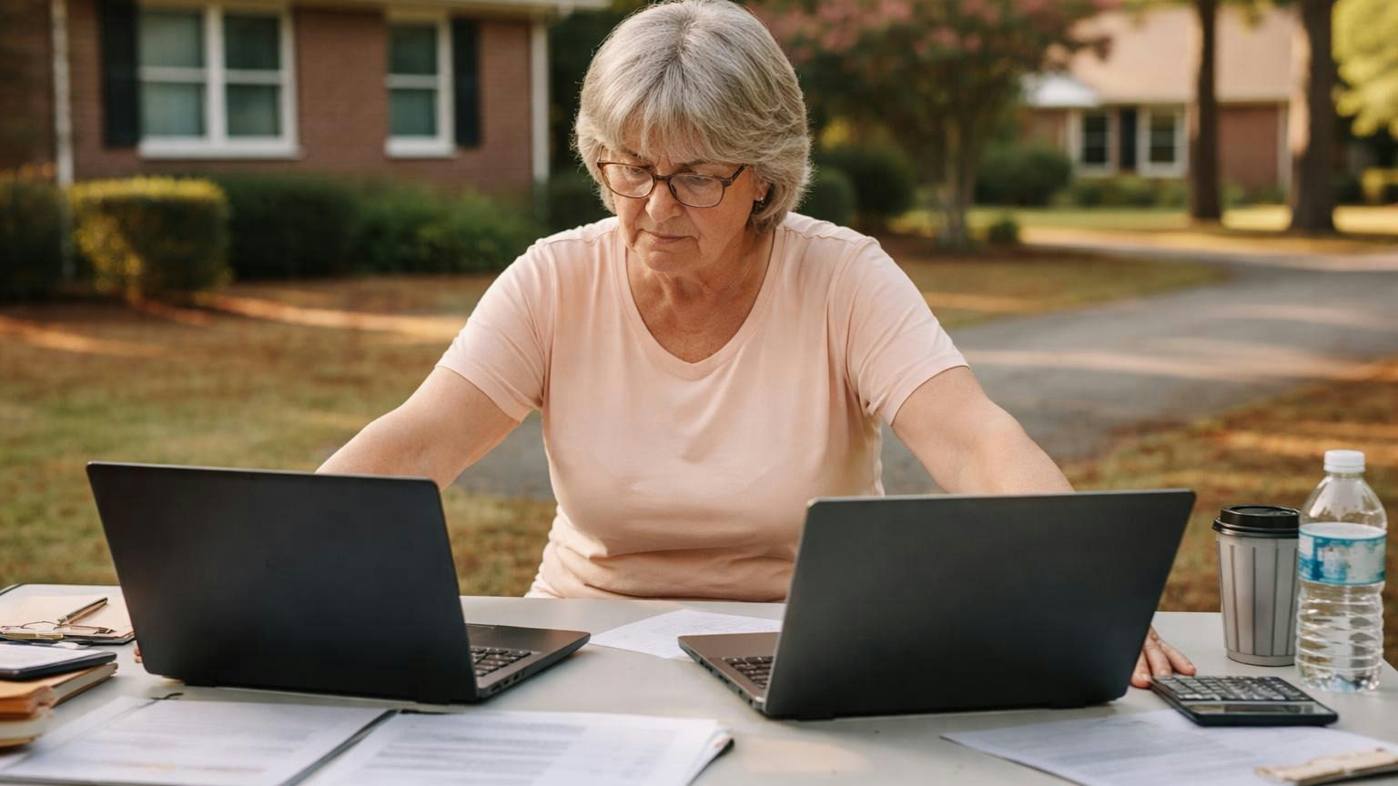 A volunteer treasurer at a clubhouse folding table in late afternoon light, two laptops side by side with both screens turned away from the camera, one hand resting on each, deciding which to trust