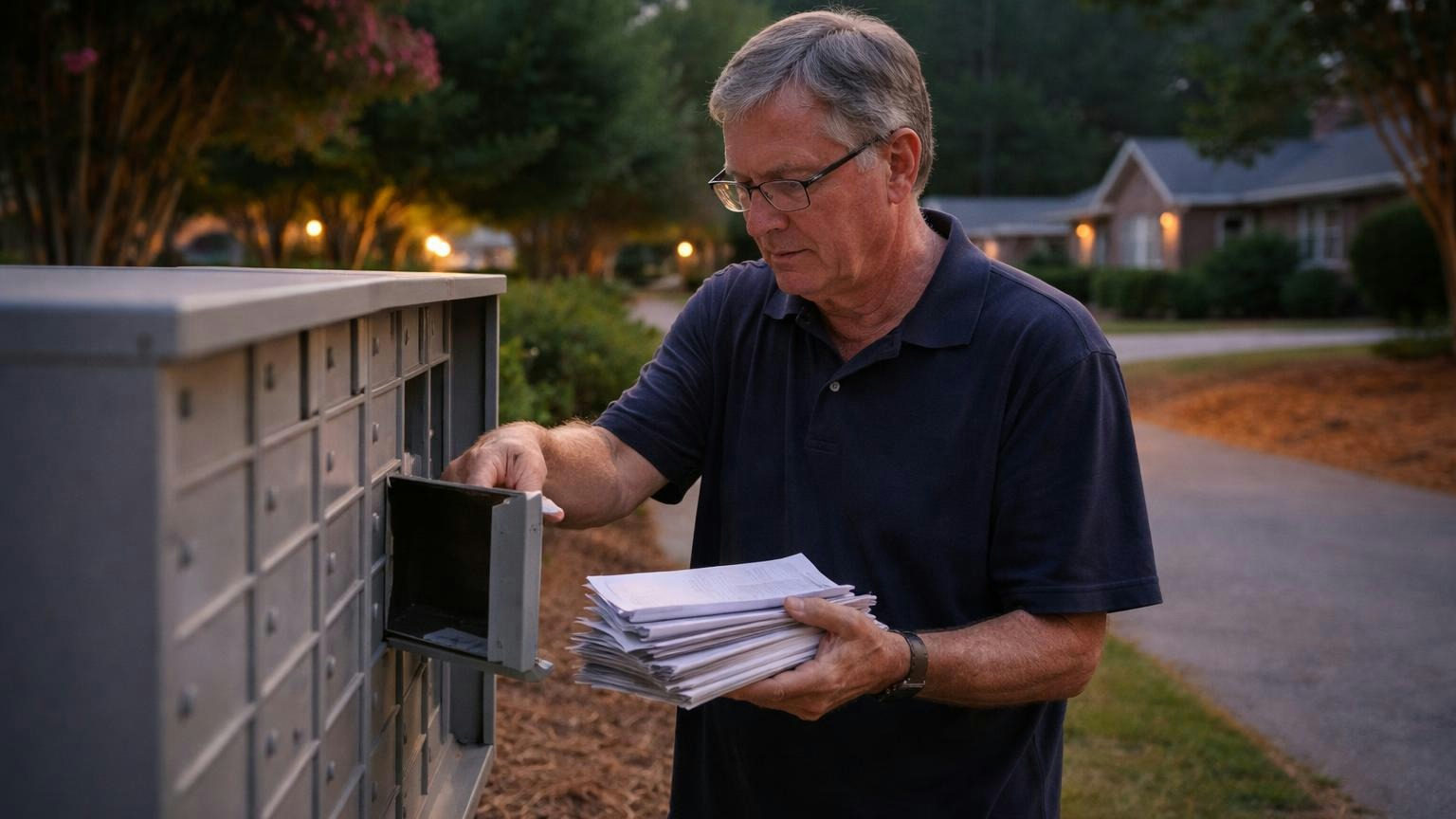 A board member at a community mailbox cluster at dusk pulling a thick bundle of envelopes from one box, the envelopes held face down
