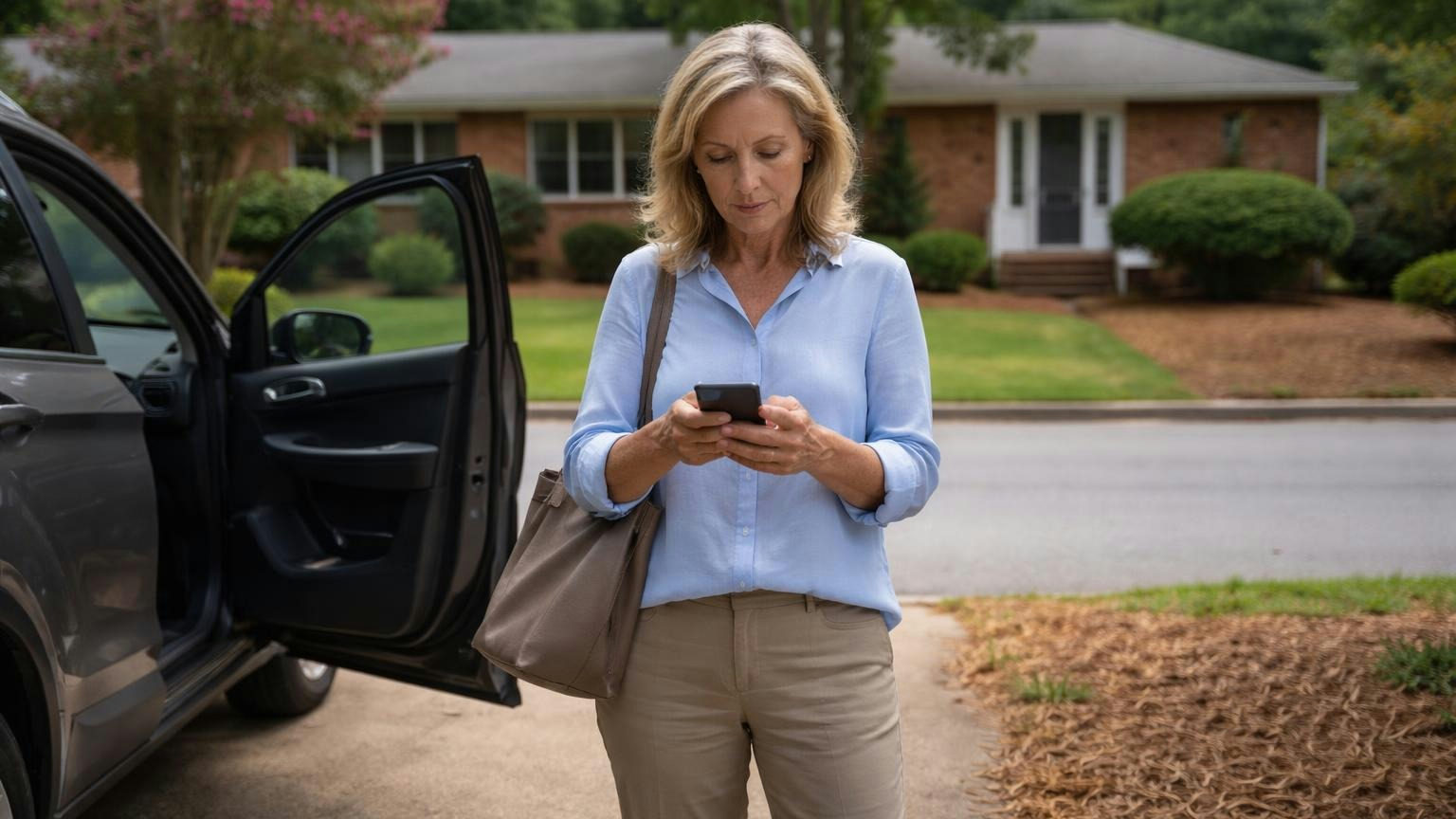 A board member at the end of her driveway on a weekday morning reading her phone beside an open car door, work bag on her shoulder, a realtor's lockbox hanging from the front door of the house across the street