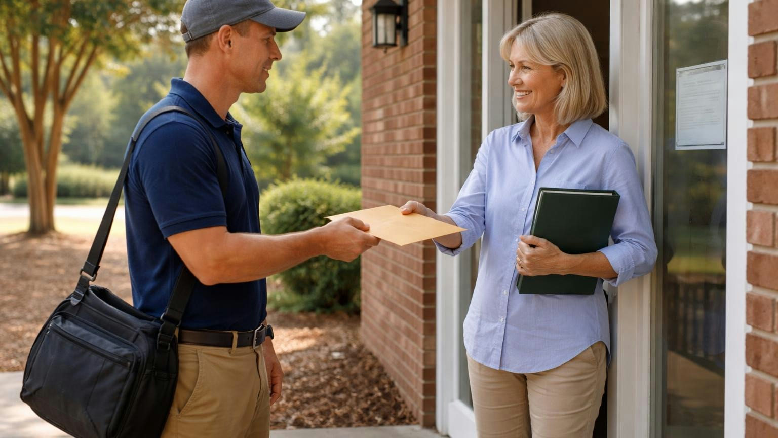 A title company courier at a clubhouse door on a bright morning handing a sealed envelope to a board member who holds a closed folder under her arm