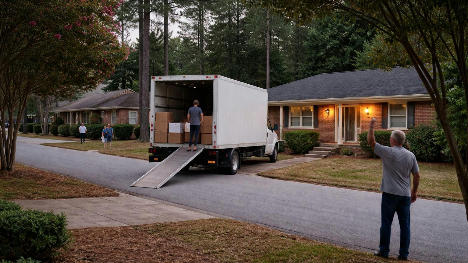 A quiet evening street of two-story homes with a plain white unmarked moving truck at one driveway, its ramp down, porch lights coming on, a neighbor waving from across the road