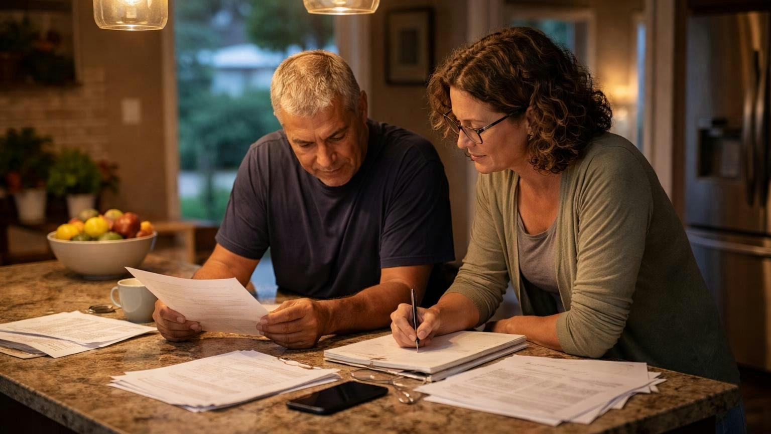 Two board members at a kitchen island in the evening, one holding a single sheet turned away from the camera while the other leans in with a pen, warm pendant light