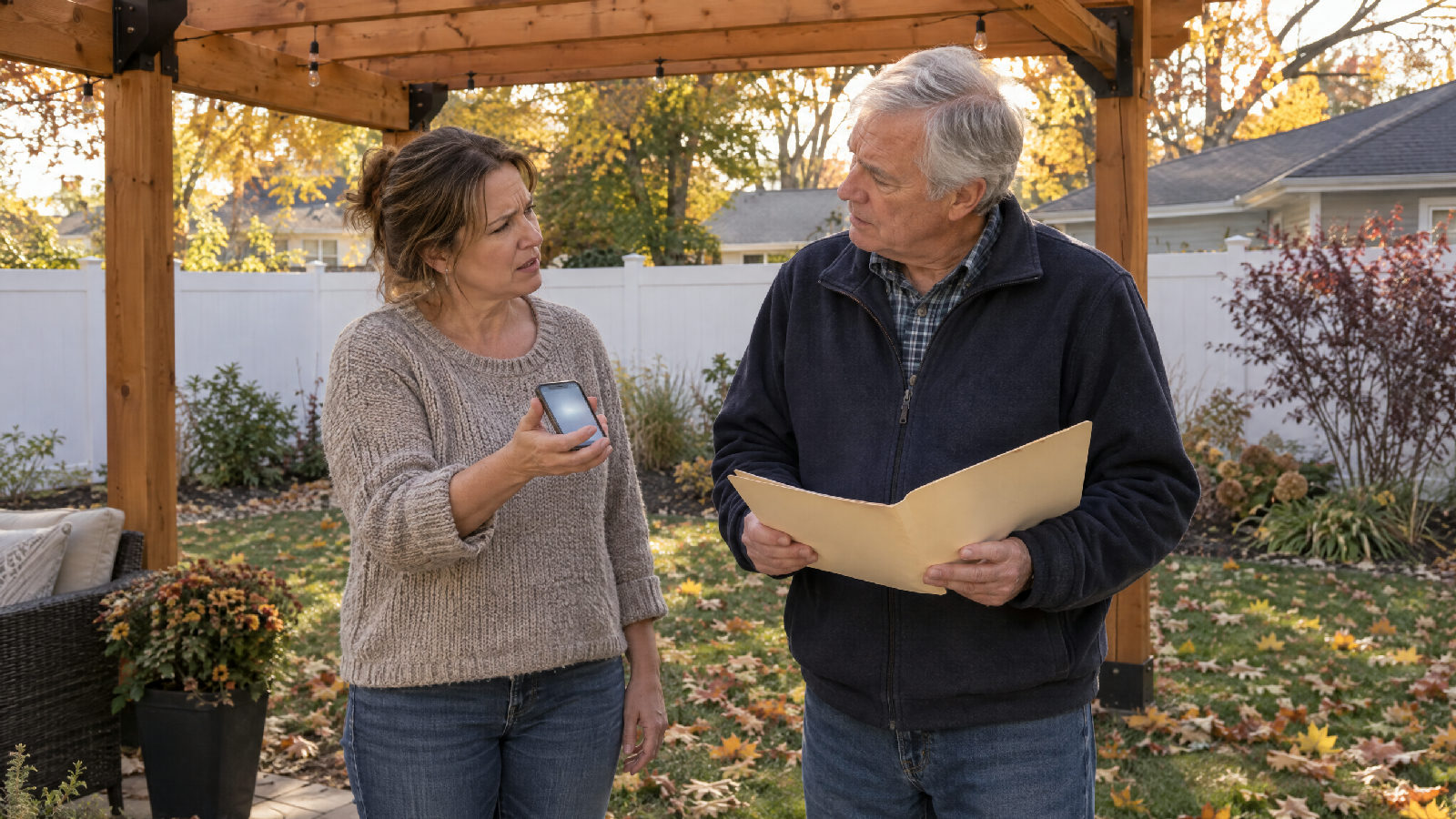 A homeowner under her new backyard pergola on an autumn afternoon holds up her phone to a board member, who holds open a manila folder, both looking puzzled