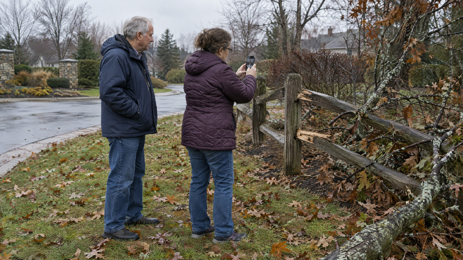 Two board members at a community entrance on a grey late-autumn morning, one photographing a broken section of split-rail fence beside a fallen tree limb while the other looks on