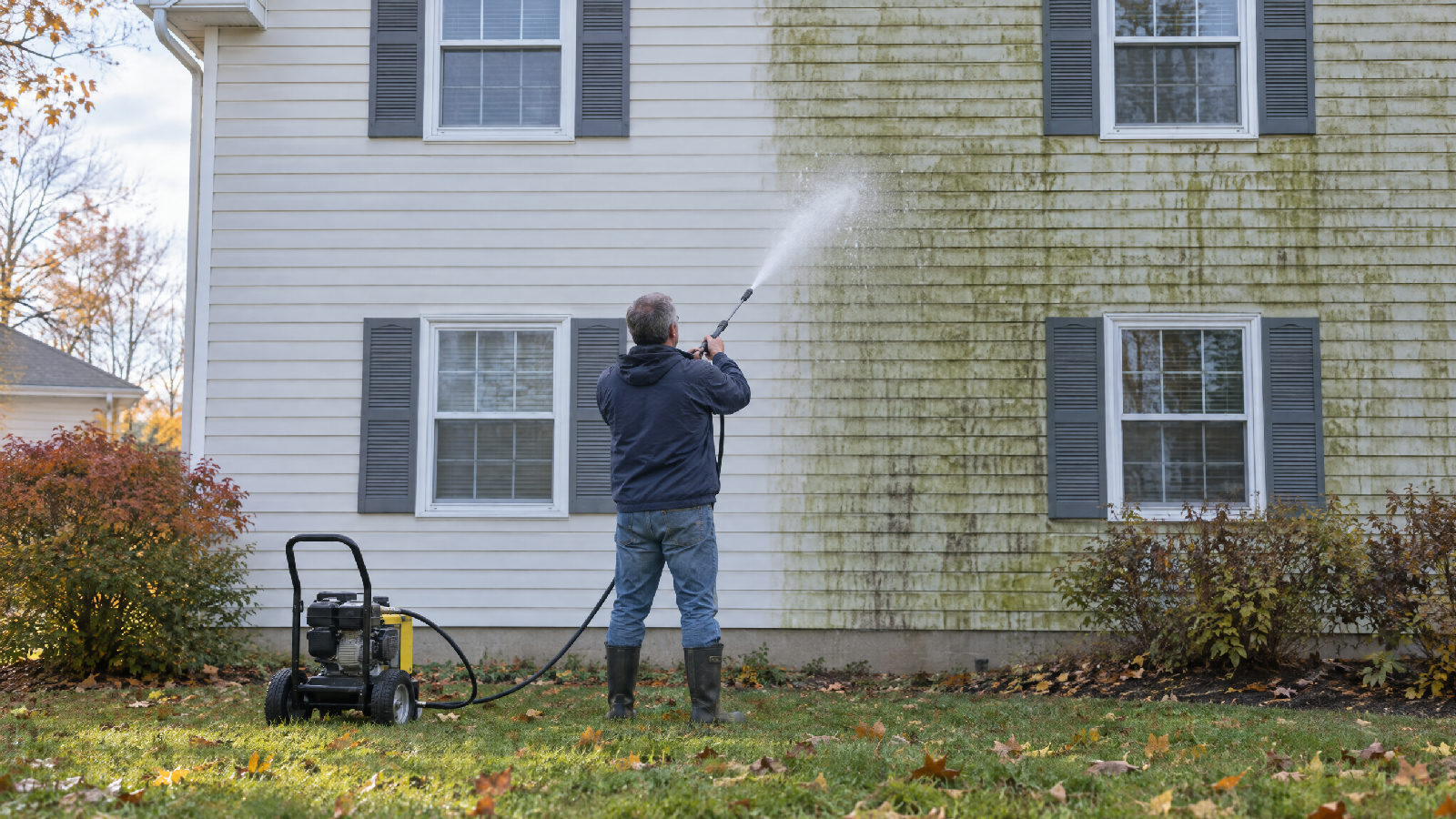 A homeowner power-washing green mildew off the vinyl siding of his two-story home on a cool autumn morning, half the wall clean and half still streaked