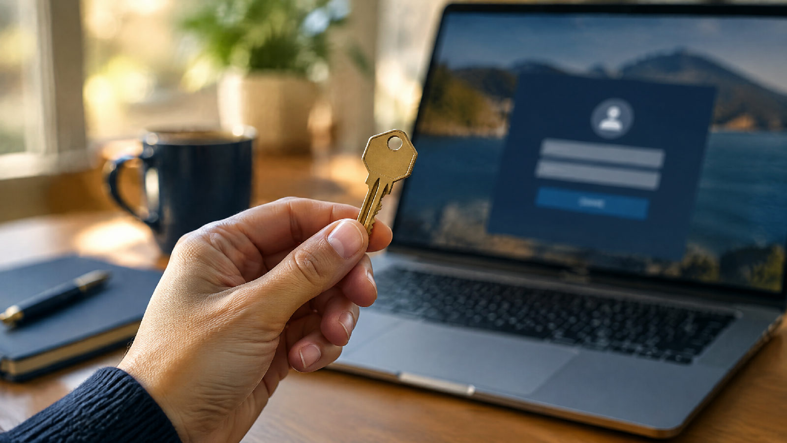 A hand holding a house key in front of a blurred laptop login screen