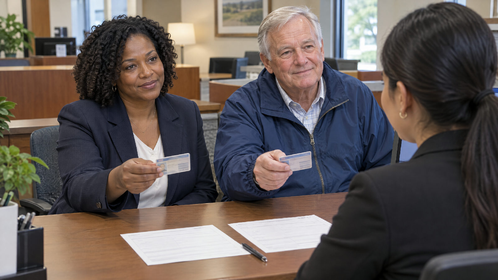 Two board members at a bank desk each holding out their own ID to a banker across the desk