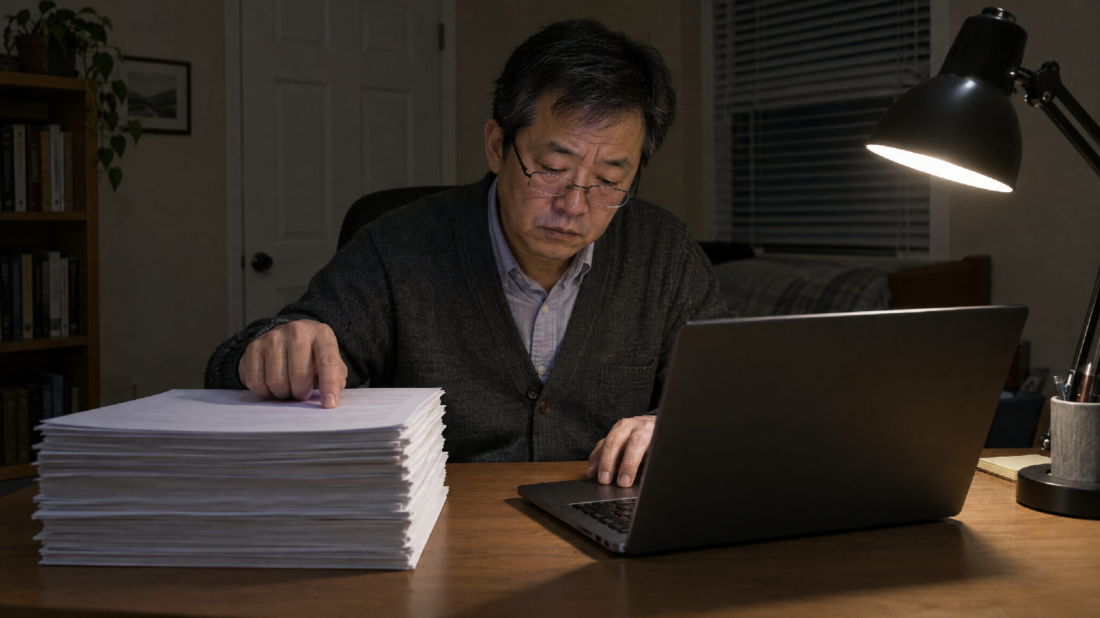 A board member at a laptop late at night, running a finger down a tall stack of printed pages as he retypes them