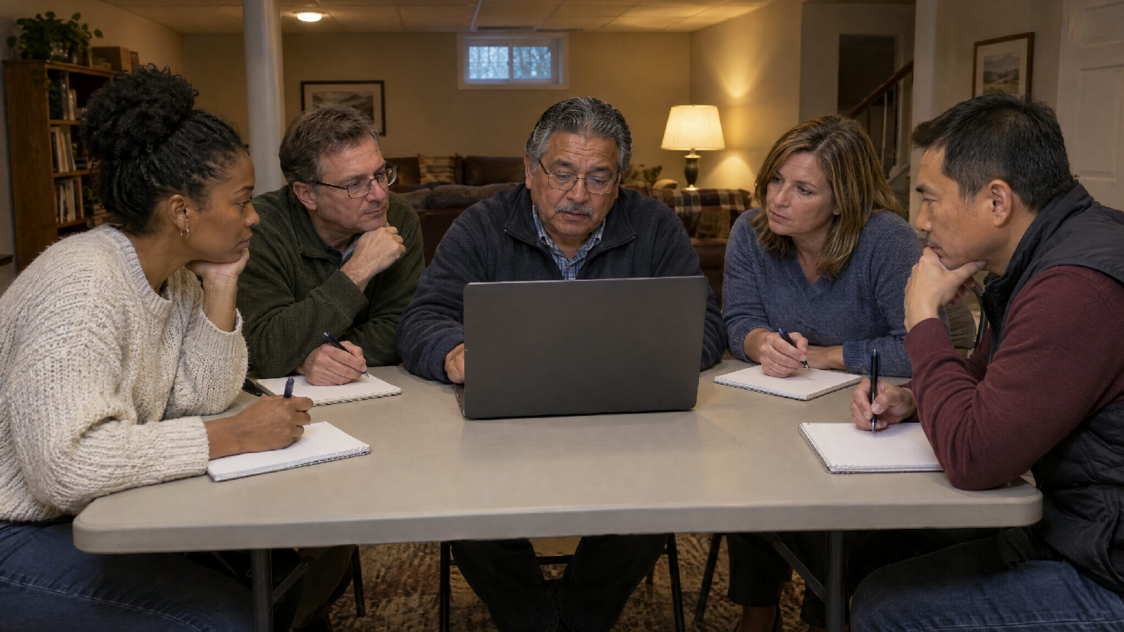 Five board members around a basement folding table, four of them leaning toward the one member with an open laptop, its screen facing away