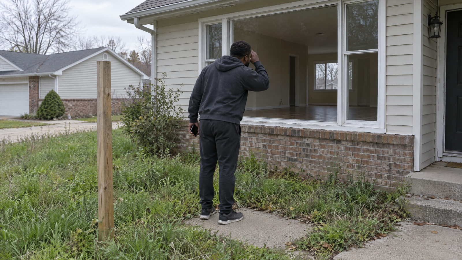 A board member on the front walk of a just-vacated house, cupping a hand to peer through the bare window into an empty living room