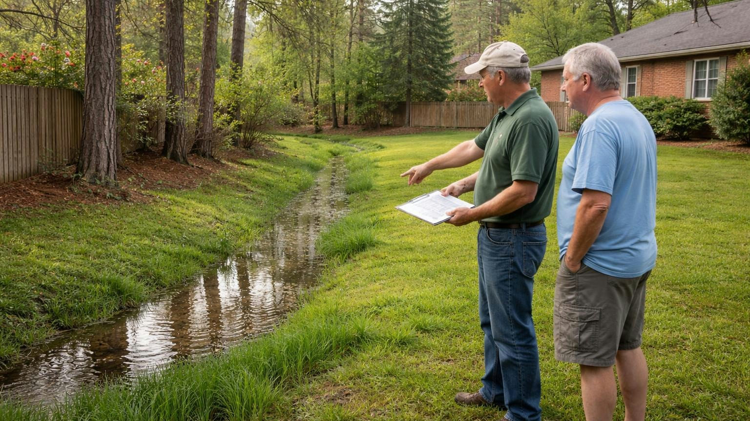 A board member and a homeowner standing at the edge of a grassy drainage swale between two backyards on a spring morning, rainwater pooled in the low ground, tall pines and a brick ranch house behind, no readable text