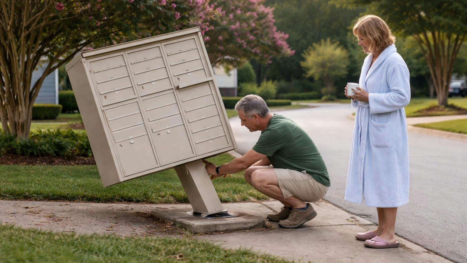 **Decided early.** Who repairs this box may have been settled on a postal form before the first family moved in. A neighborhood cluster mailbox tilted on its concrete pad after being bumped, a board member crouched beside the bent pedestal while a neighbor in a robe holds her coffee, early morning light, crape myrtles behind, no readable text