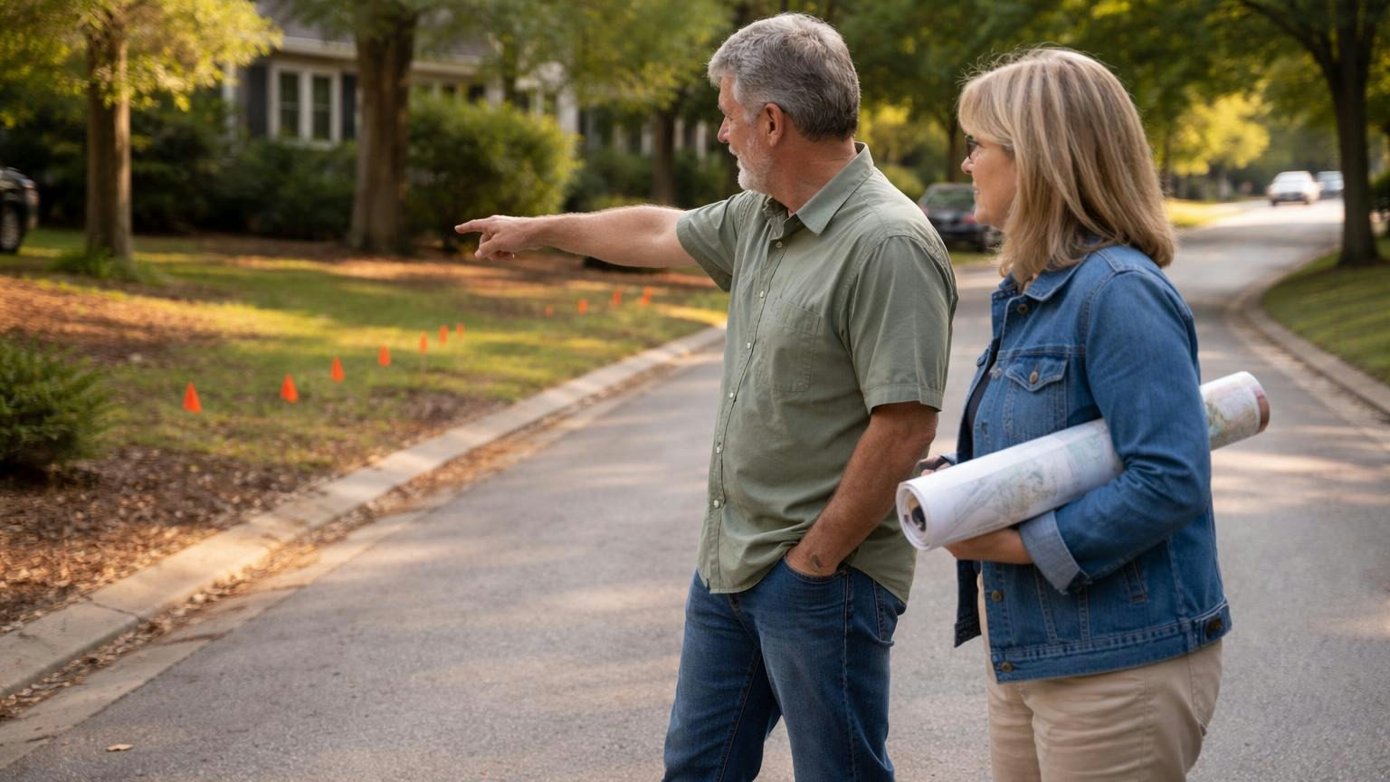 **Where things are.** The declaration names who maintains what; the plat shows which side of the line it sits on. Two board members at the curb of a quiet Carolina street in afternoon light, one pointing toward a row of small orange survey flags in a neighbor's front lawn, the other holding a rolled-up plat under her arm, no readable text