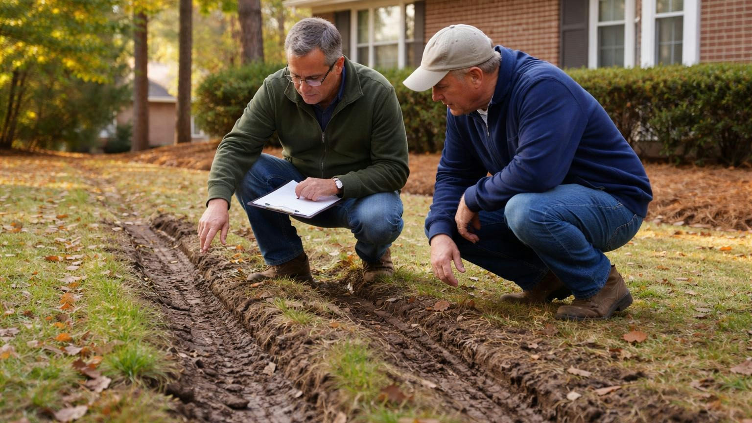 **When the association's crew does the damage.** In North Carolina, a lot its agent damages is the association's to repair or reimburse. A homeowner and a board member crouched at the edge of a side yard on an autumn morning, looking at deep tire ruts a landscaping crew's equipment left across the lawn, a brick ranch house and pine straw beds behind, no readable text