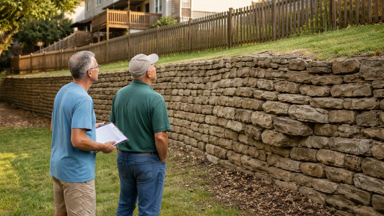 **The row that needs a sentence.** A wall built across three lots is where the declaration has to be read, not remembered. A homeowner and a board member standing at the foot of a stacked-stone retaining wall that runs behind three backyards, both looking up at a section where the stones bulge outward, late afternoon, no readable text
