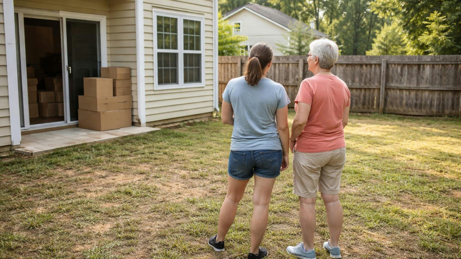 **Day one, not year three.** The chart in the welcome packet answers the question before the new neighbor builds a fence. A new homeowner on moving day in her bare backyard beside a board member, both looking along the back lot line at the neighbor's wooden fence, moving boxes stacked inside the open back door, warm morning light, no readable text