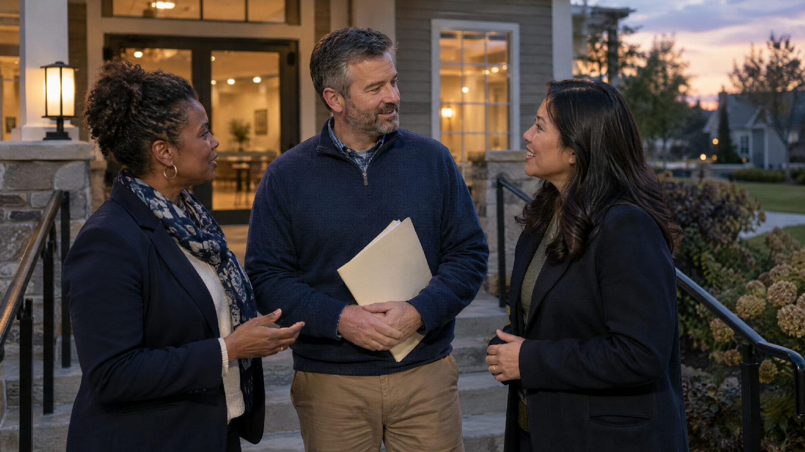 Three newly elected board officers standing together on the steps of a community clubhouse after a meeting at dusk, one holding a plain folder, turning to each other as they divide up the tasks