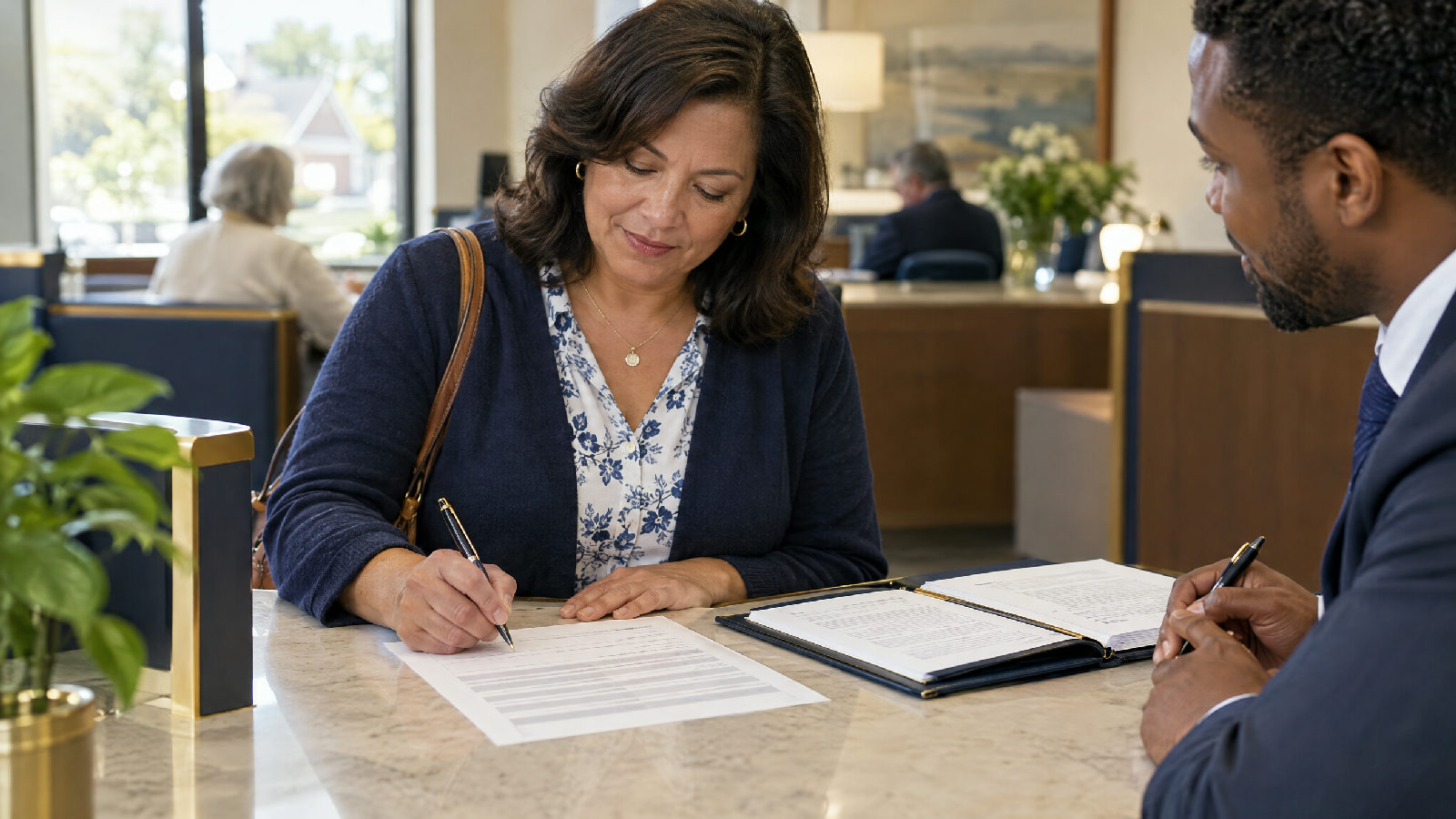 A newly elected board treasurer at a bank branch desk on a weekday morning, signing a form while a banker waits with a pen, a folder of meeting minutes open beside her; the form on the desk is rows of soft grey bars, no readable text