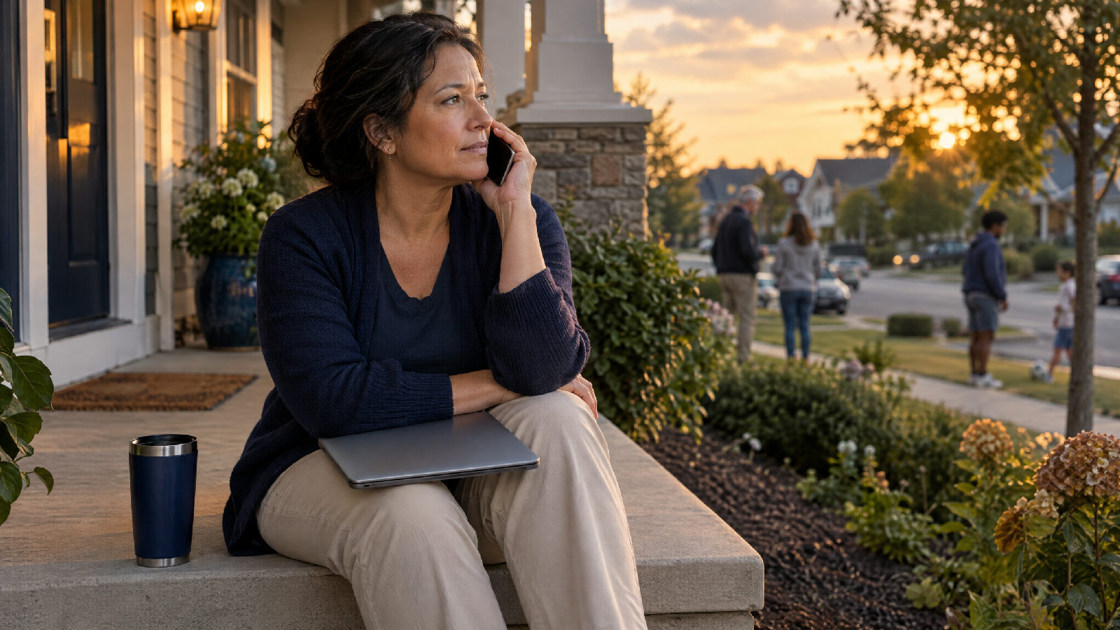A board president on a back porch step in early evening, phone to her ear on hold, a closed laptop and a cooling mug beside her, looking out at the street