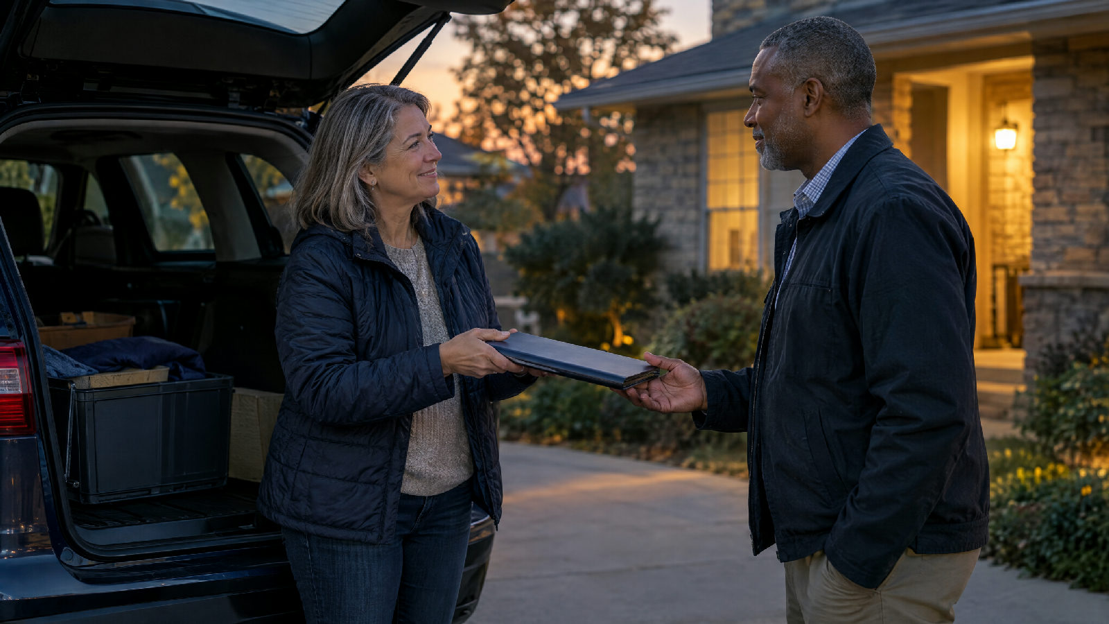 A new board president and the outgoing president standing at an open car trunk in a driveway at dusk, one passing the other a slim binder, porch light on behind them